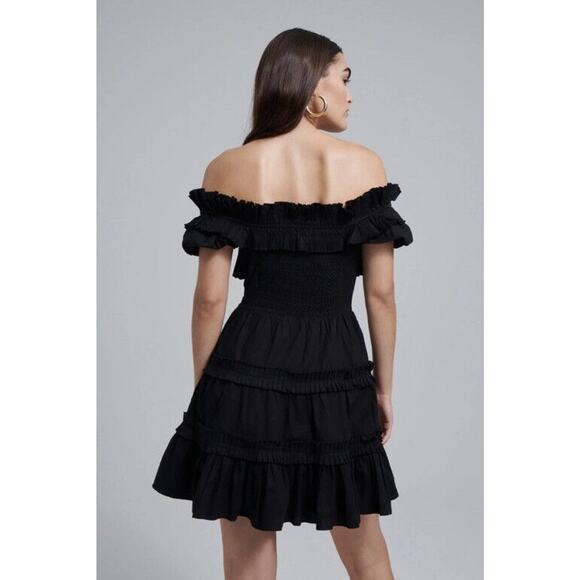 Anthropologie Love The Label Off The Shoulder Tiered Black Mini Dress Size Large - Picture 2 of 10